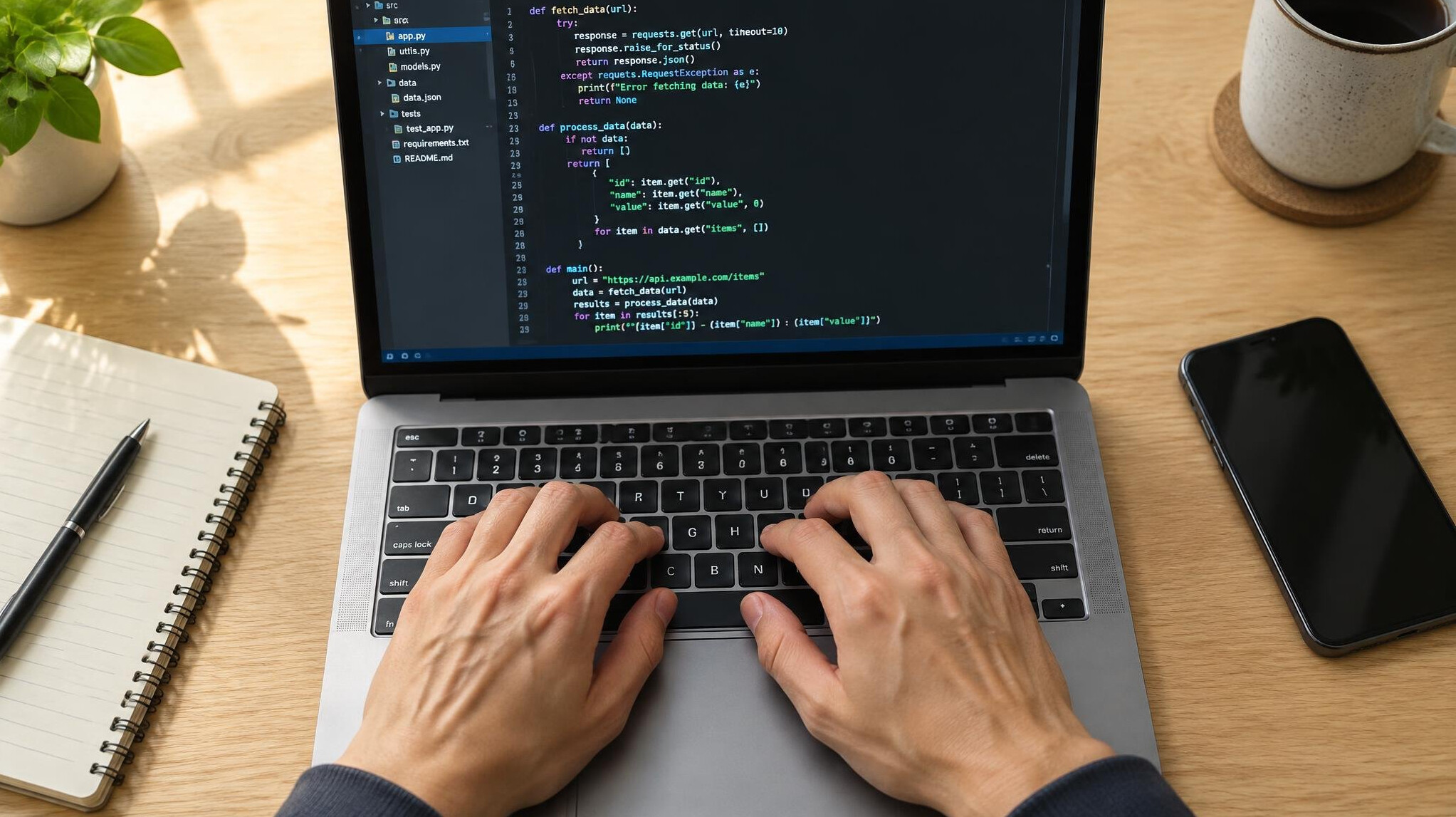 Close-up of hands typing on a laptop keyboard with code on screen